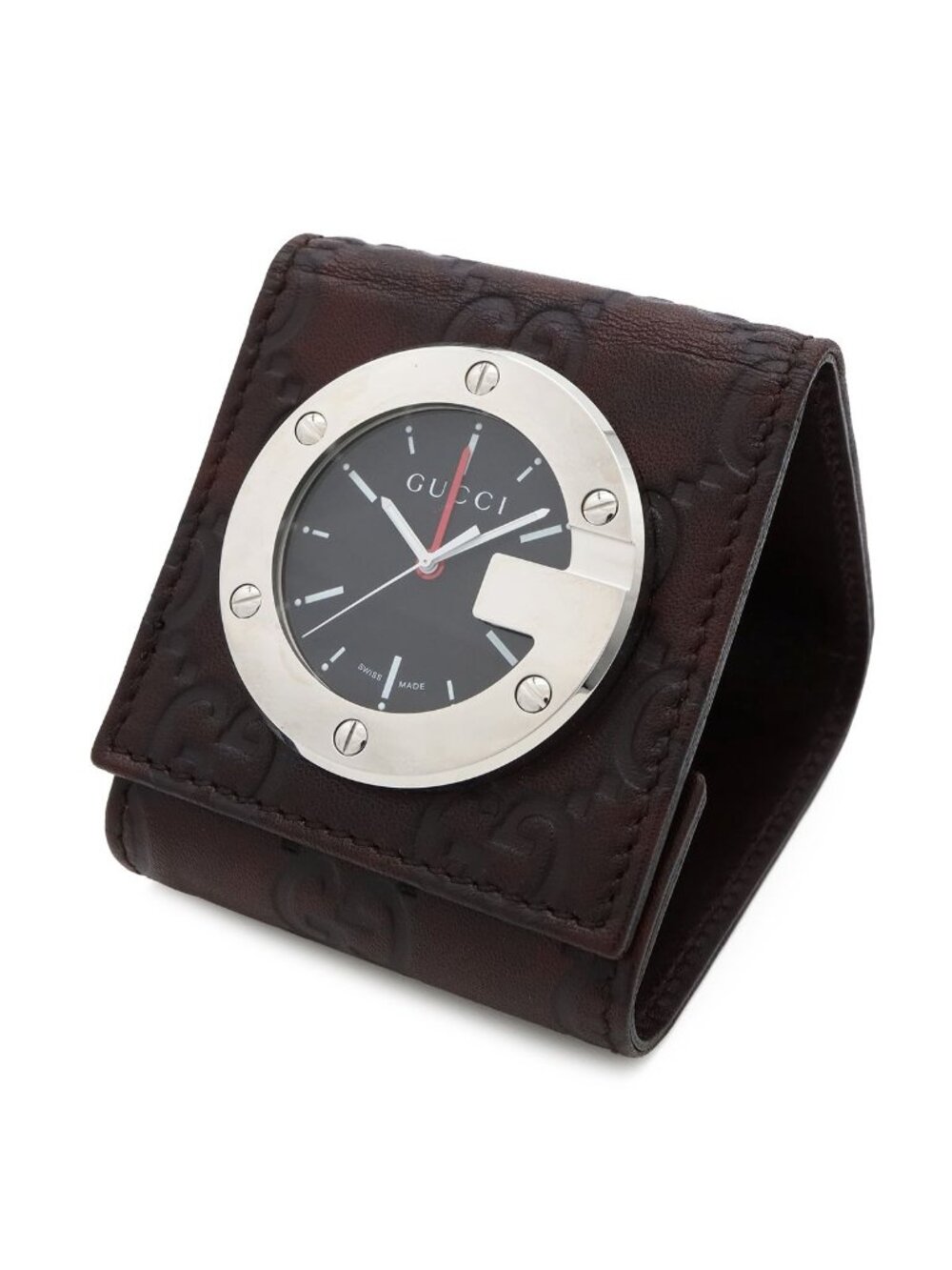 Gucci Travel Clock Black Dial SS Alarm Table Quartz Watch